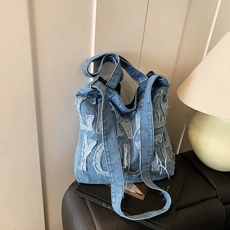 Denim Printed Letters One Shoulder Crossbody Tote Bag Large Capacity 2025