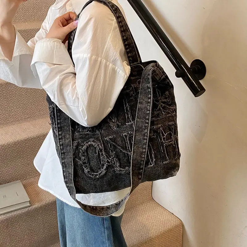 Denim Printed Letters One Shoulder Crossbody Tote Bag Large Capacity 2025