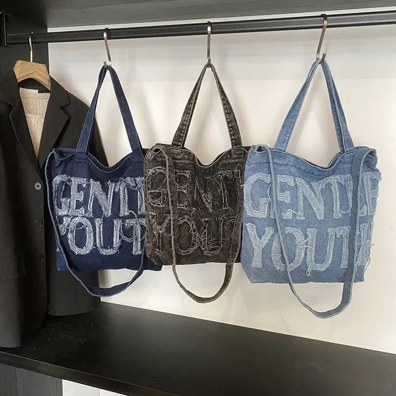 Denim Printed Letters One Shoulder Crossbody Tote Bag Large Capacity 2025