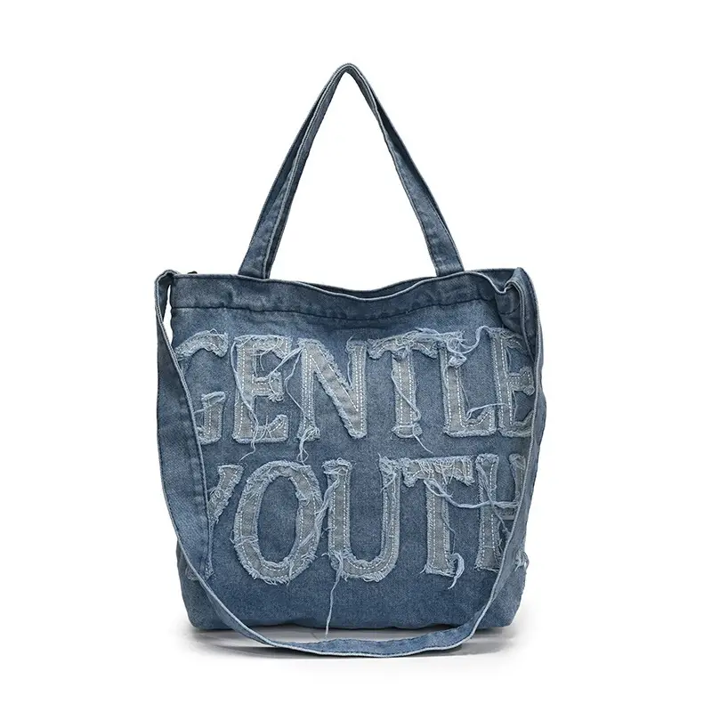 Denim Printed Letters One Shoulder Crossbody Tote Bag Large Capacity 2025
