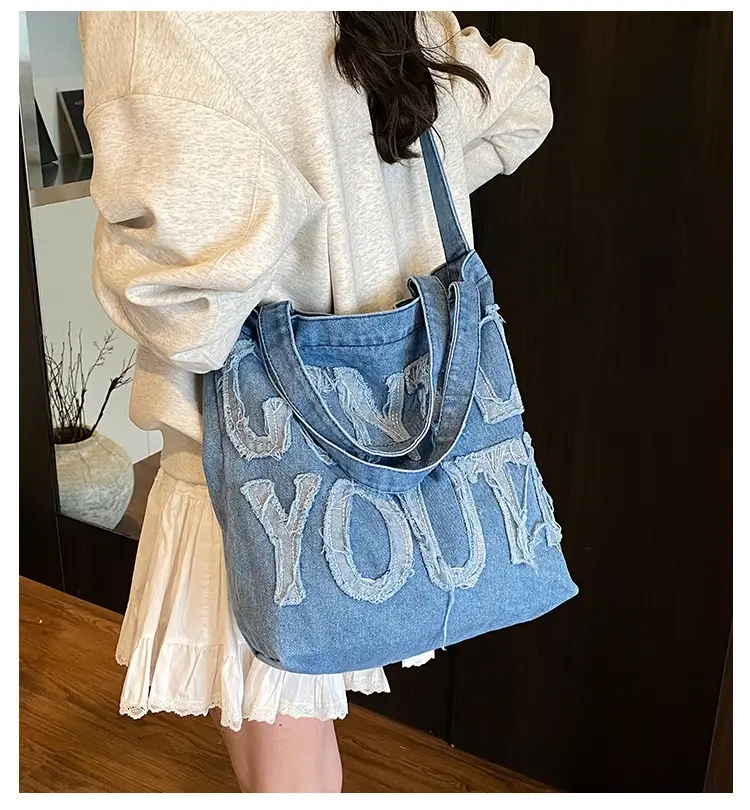 Denim Printed Letters One Shoulder Crossbody Tote Bag Large Capacity 2025 — feature 1