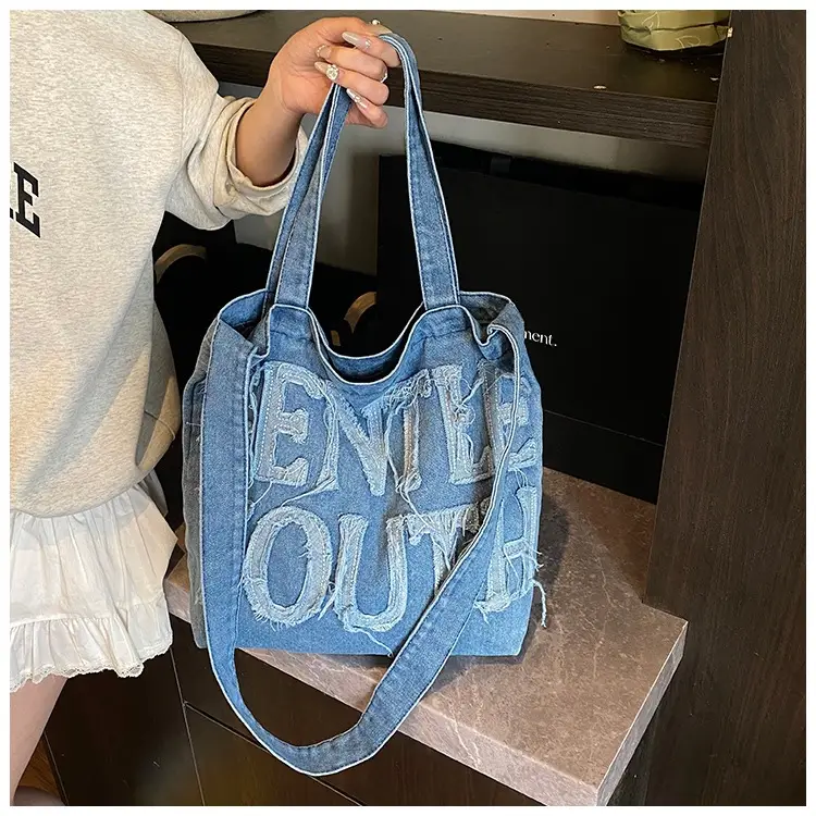 Denim Printed Letters One Shoulder Crossbody Tote Bag Large Capacity 2025 — feature 10
