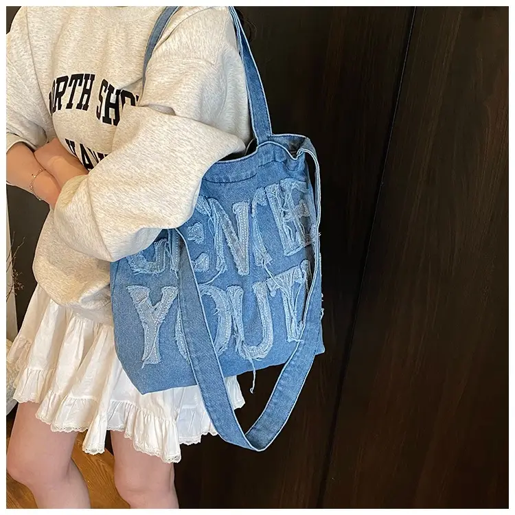 Denim Printed Letters One Shoulder Crossbody Tote Bag Large Capacity 2025 — feature 11