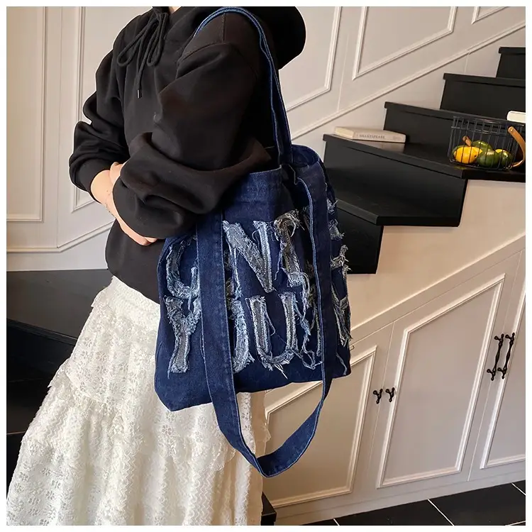 Denim Printed Letters One Shoulder Crossbody Tote Bag Large Capacity 2025 — feature 12