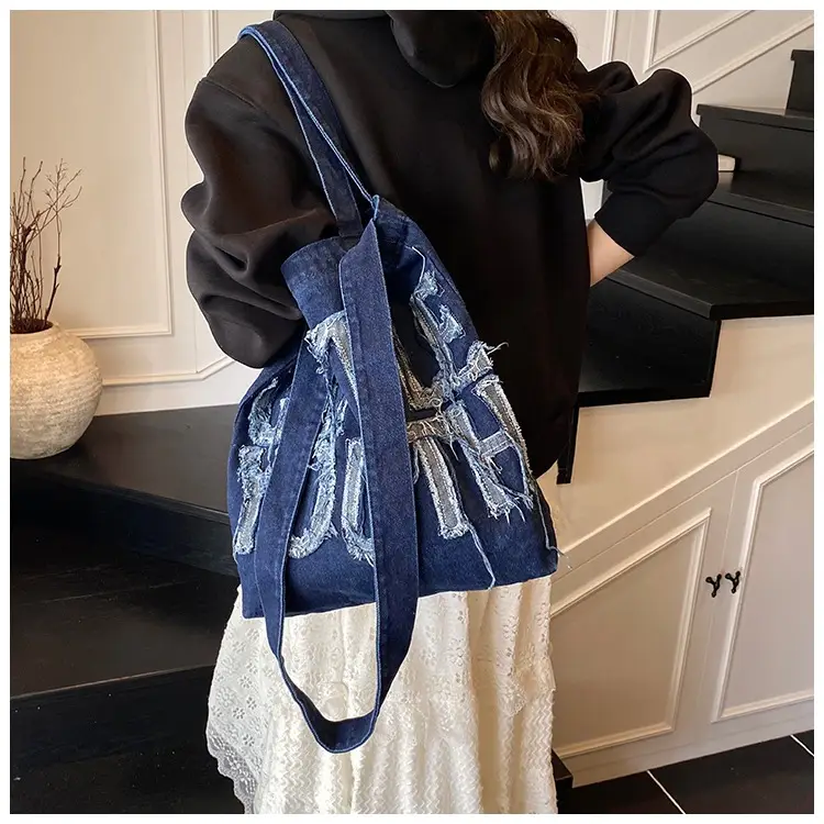 Denim Printed Letters One Shoulder Crossbody Tote Bag Large Capacity 2025 — feature 13