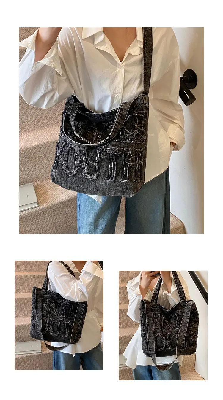Denim Printed Letters One Shoulder Crossbody Tote Bag Large Capacity 2025 — feature 14