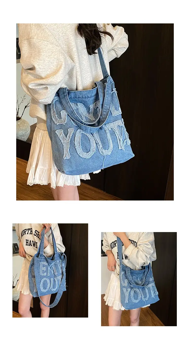 Denim Printed Letters One Shoulder Crossbody Tote Bag Large Capacity 2025 — feature 15