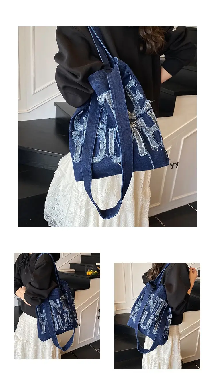 Denim Printed Letters One Shoulder Crossbody Tote Bag Large Capacity 2025 — feature 16