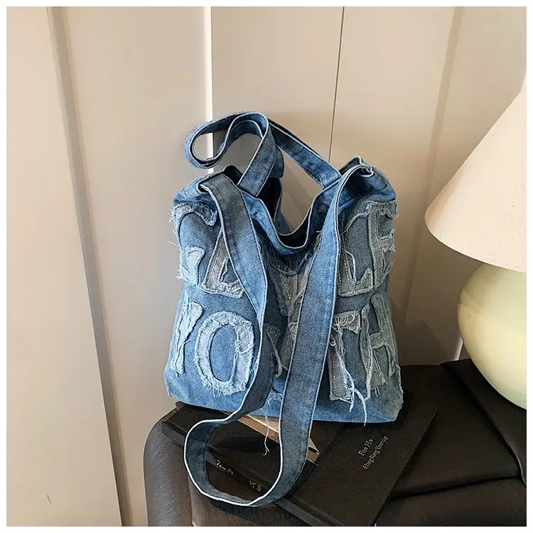 Denim Printed Letters One Shoulder Crossbody Tote Bag Large Capacity 2025 — feature 17