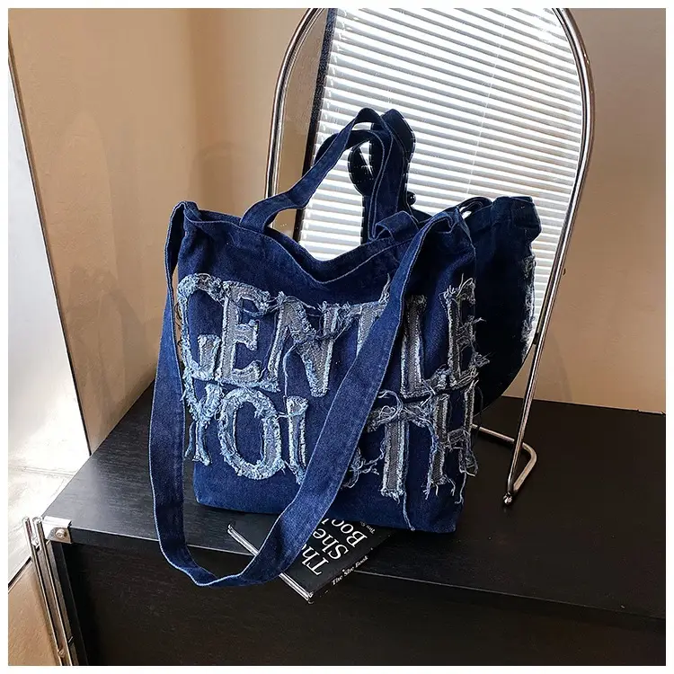 Denim Printed Letters One Shoulder Crossbody Tote Bag Large Capacity 2025 — feature 19