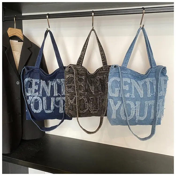 Denim Printed Letters One Shoulder Crossbody Tote Bag Large Capacity 2025 — feature 23