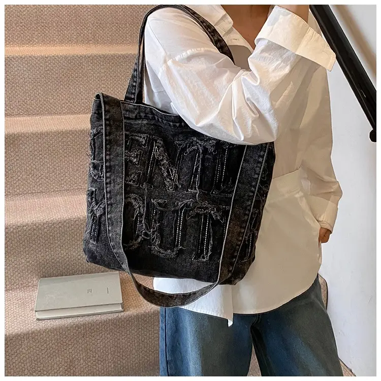 Denim Printed Letters One Shoulder Crossbody Tote Bag Large Capacity 2025 — feature 8
