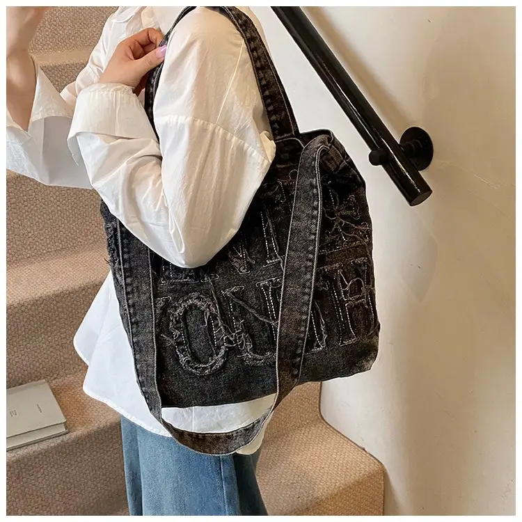 Denim Printed Letters One Shoulder Crossbody Tote Bag Large Capacity 2025 — feature 9