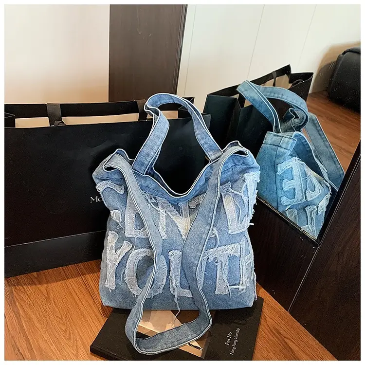 Denim Printed Letters One Shoulder Crossbody Tote Bag Large Capacity 2025
