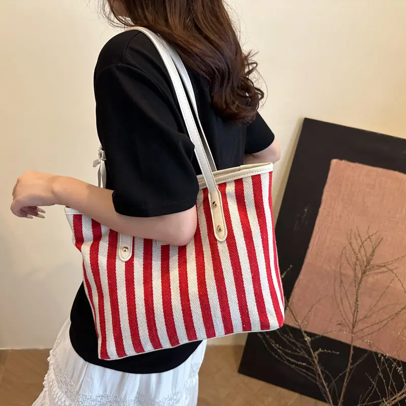Women Korean Style Striped Canvas Shoulder Bag 2025 - Image 7
