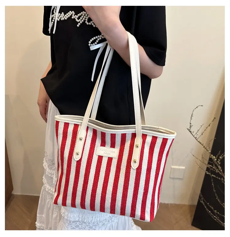 Women Korean Style Striped Canvas Shoulder Bag 2025 — feature 8