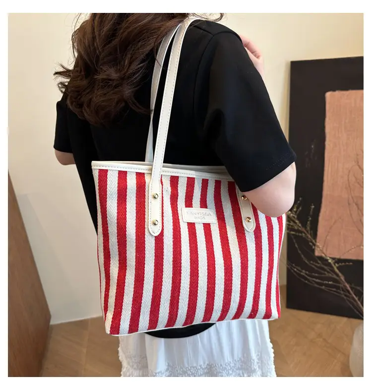 Women Korean Style Striped Canvas Shoulder Bag 2025 — feature 9