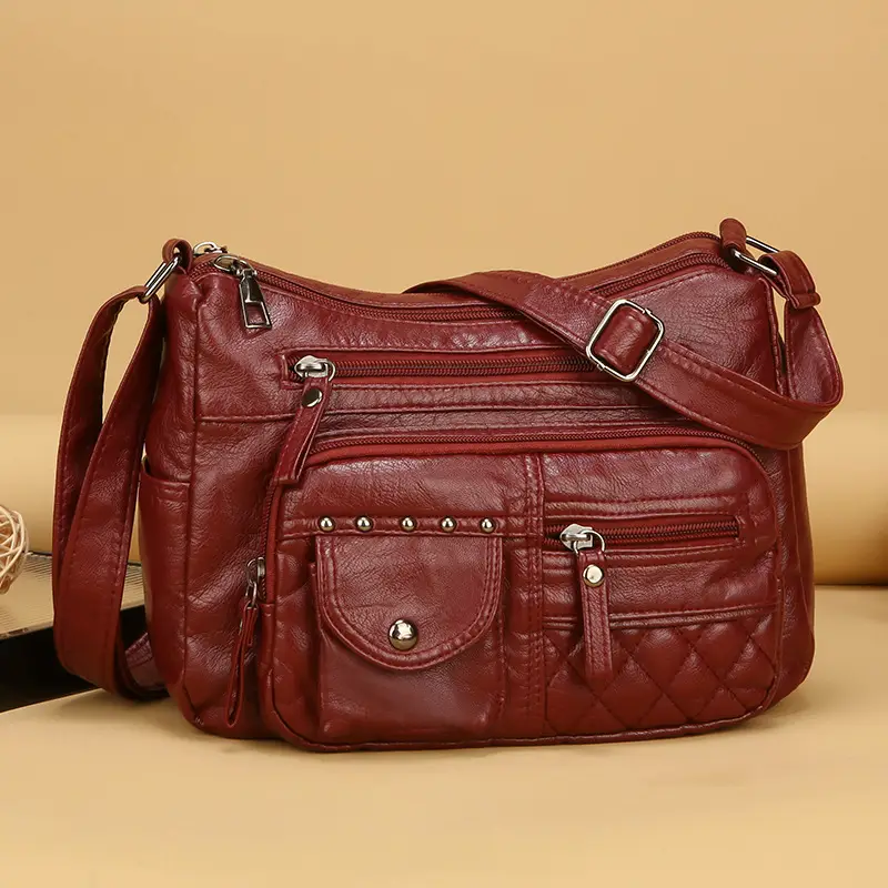 Women's Brown Quilted Leather Shoulder Bag with 5 Compartments - Image 6