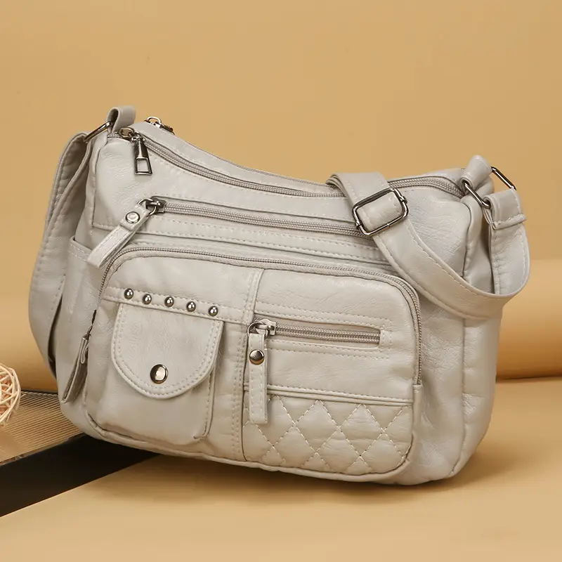Women's Brown Quilted Leather Shoulder Bag with 5 Compartments - Image 7