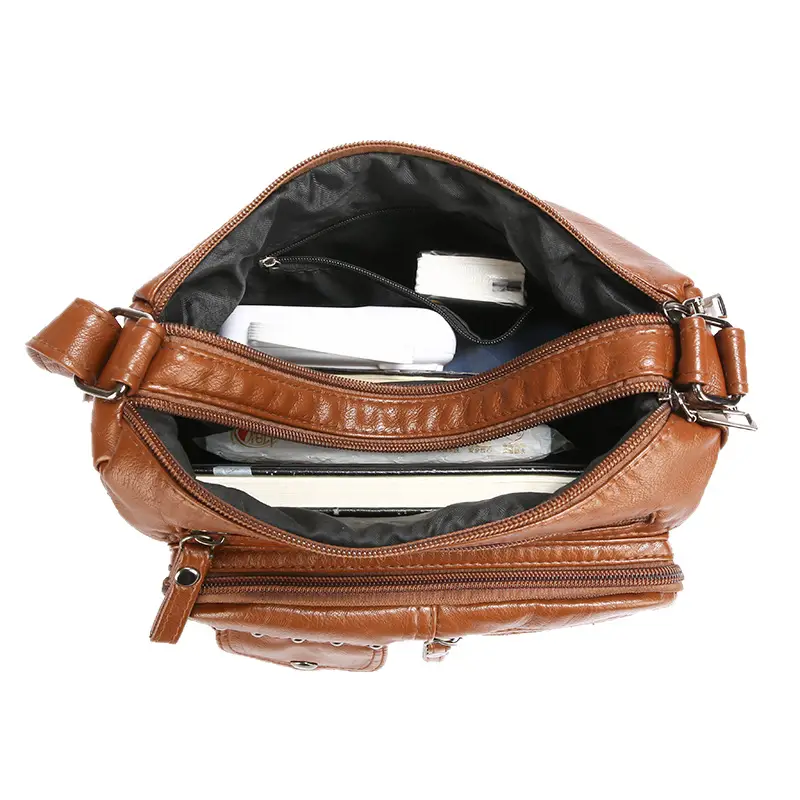 Women's Brown Quilted Leather Shoulder Bag with 5 Compartments - Image 9