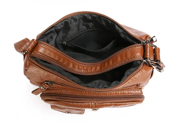 Women's Brown Quilted Leather Shoulder Bag with 5 Compartments — feature 10