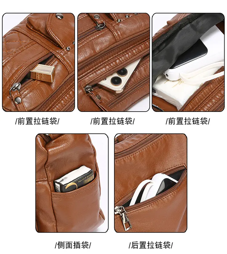 Women's Brown Quilted Leather Shoulder Bag with 5 Compartments — feature 11