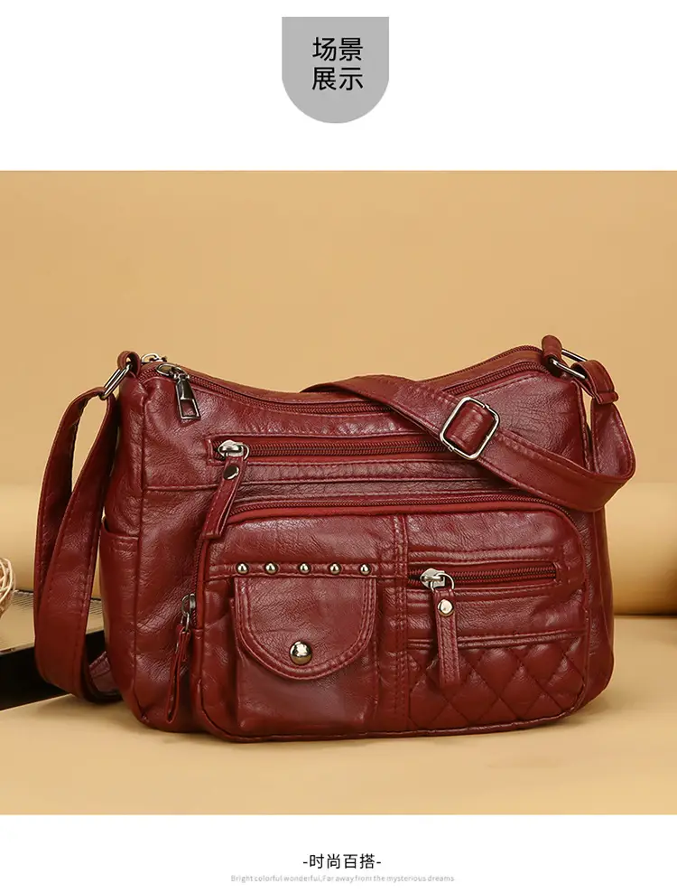 Women's Brown Quilted Leather Shoulder Bag with 5 Compartments — feature 14