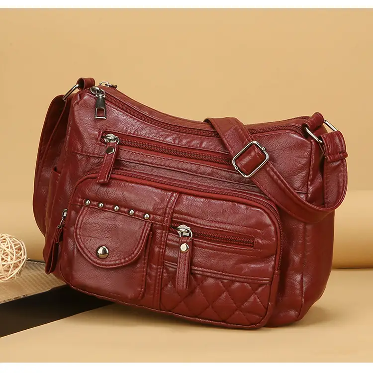 Women's Brown Quilted Leather Shoulder Bag with 5 Compartments — feature 15