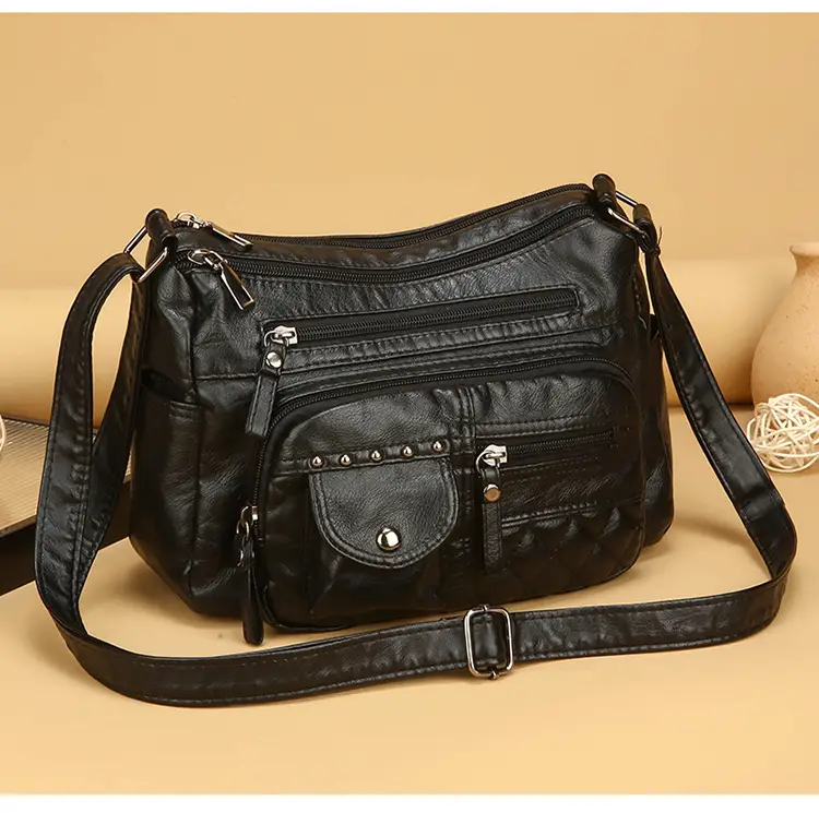 Women's Brown Quilted Leather Shoulder Bag with 5 Compartments — feature 16