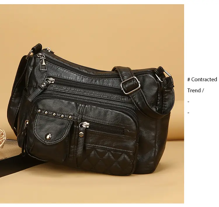 Women's Brown Quilted Leather Shoulder Bag with 5 Compartments — feature 17