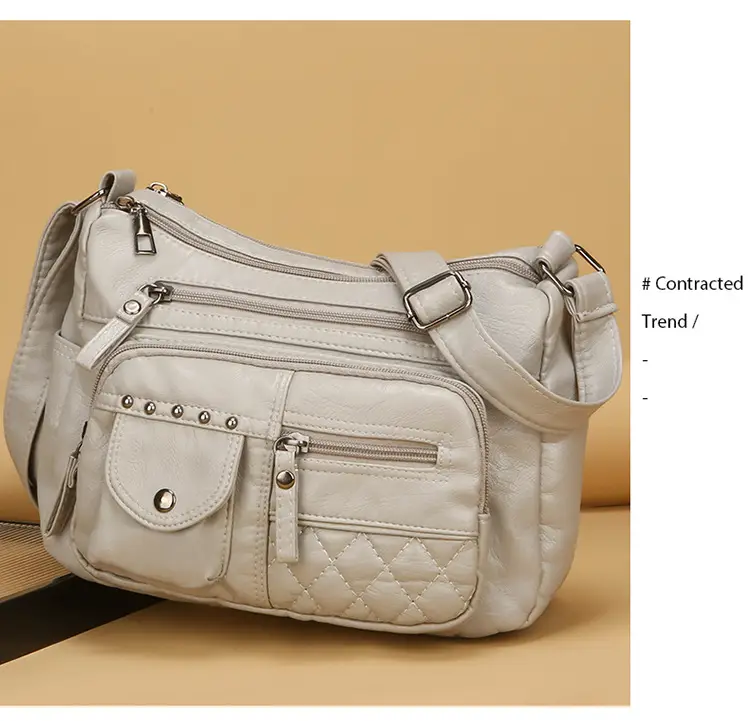 Women's Brown Quilted Leather Shoulder Bag with 5 Compartments — feature 19