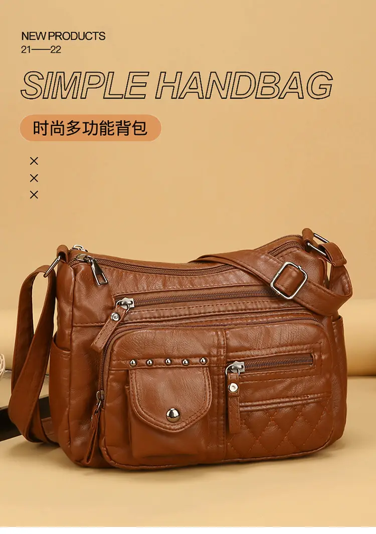 Women's Brown Quilted Leather Shoulder Bag with 5 Compartments — feature 2