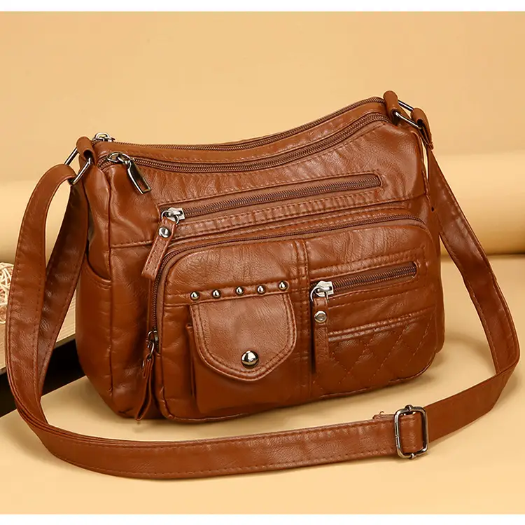 Women's Brown Quilted Leather Shoulder Bag with 5 Compartments — feature 20