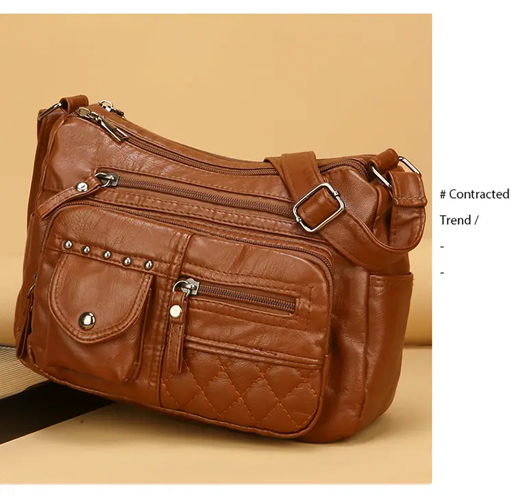 Women's Brown Quilted Leather Shoulder Bag with 5 Compartments — feature 21