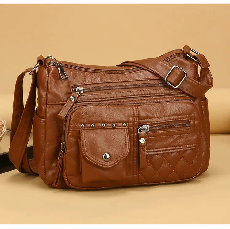 Women's Brown Quilted Leather Shoulder Bag with 5 Compartments — feature 22