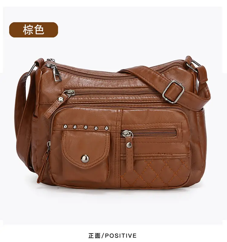 Women's Brown Quilted Leather Shoulder Bag with 5 Compartments — feature 24