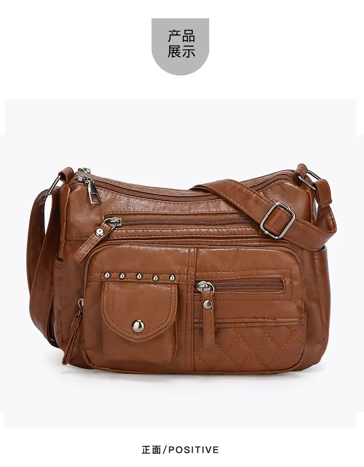 Women's Brown Quilted Leather Shoulder Bag with 5 Compartments — feature 27