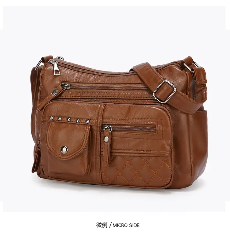 Women's Brown Quilted Leather Shoulder Bag with 5 Compartments — feature 28
