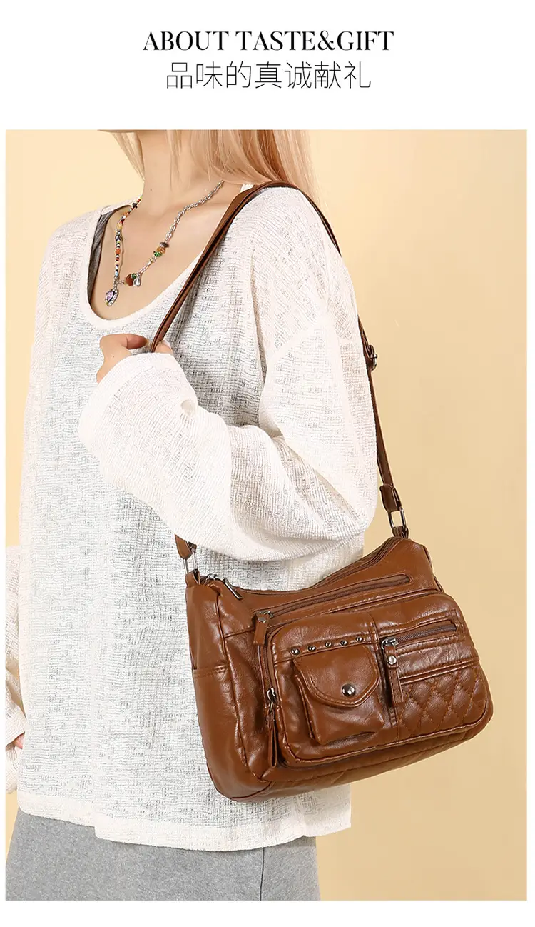 Women's Brown Quilted Leather Shoulder Bag with 5 Compartments — feature 3
