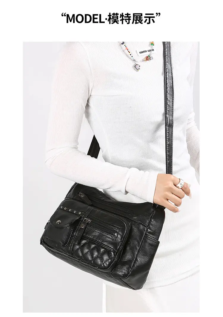 Women's Brown Quilted Leather Shoulder Bag with 5 Compartments — feature 35