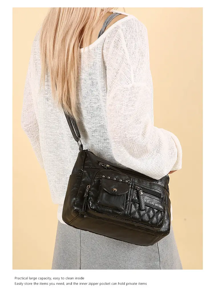Women's Brown Quilted Leather Shoulder Bag with 5 Compartments — feature 36