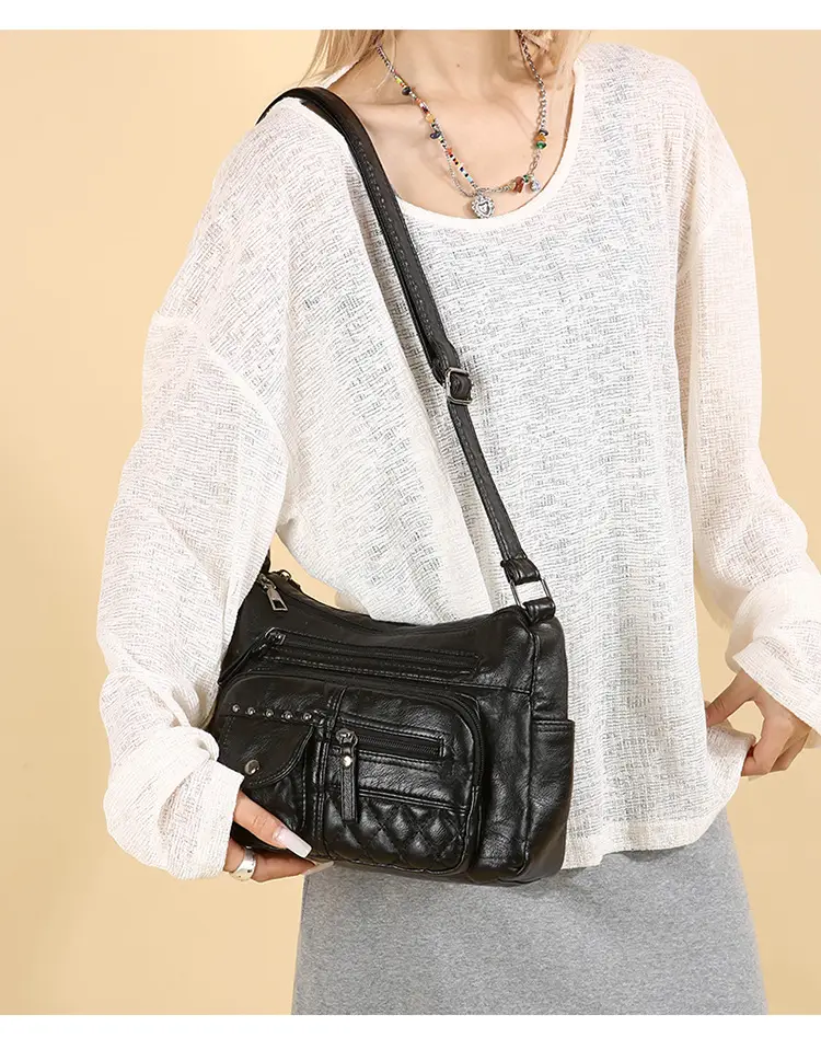 Women's Brown Quilted Leather Shoulder Bag with 5 Compartments — feature 37