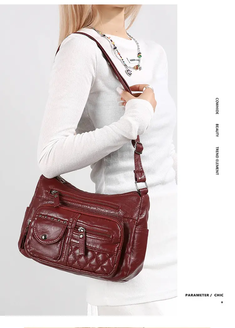 Women's Brown Quilted Leather Shoulder Bag with 5 Compartments — feature 38