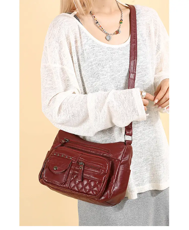 Women's Brown Quilted Leather Shoulder Bag with 5 Compartments — feature 39