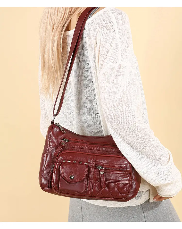 Women's Brown Quilted Leather Shoulder Bag with 5 Compartments — feature 40
