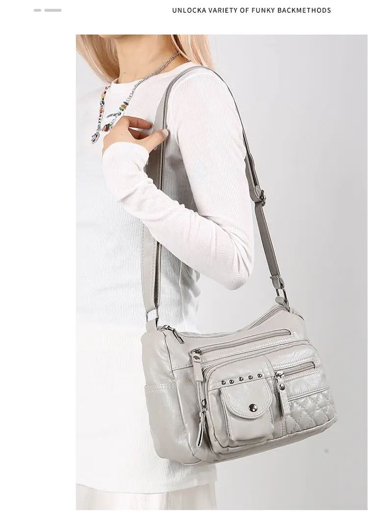 Women's Brown Quilted Leather Shoulder Bag with 5 Compartments — feature 41