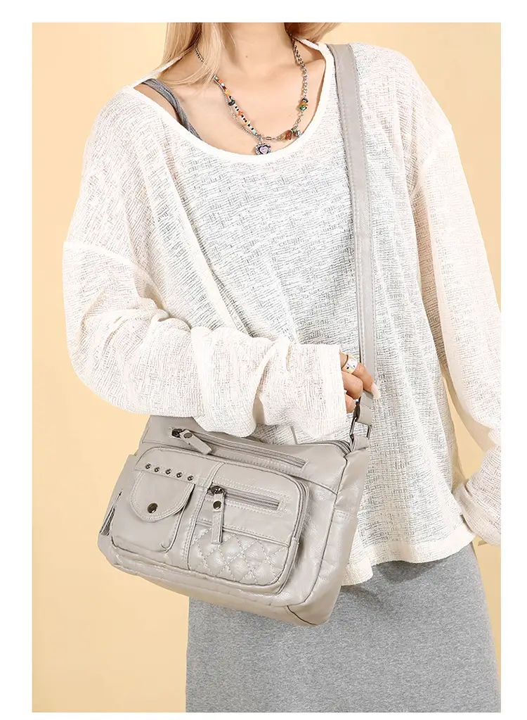 Women's Brown Quilted Leather Shoulder Bag with 5 Compartments — feature 42