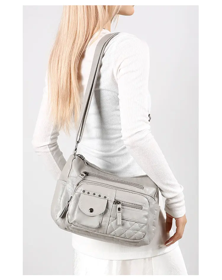 Women's Brown Quilted Leather Shoulder Bag with 5 Compartments — feature 43
