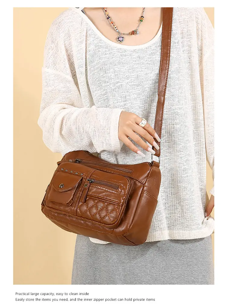 Women's Brown Quilted Leather Shoulder Bag with 5 Compartments — feature 44