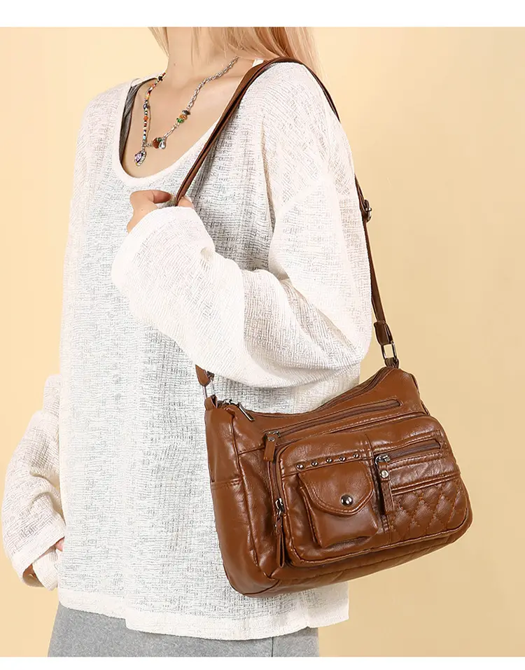 Women's Brown Quilted Leather Shoulder Bag with 5 Compartments — feature 45